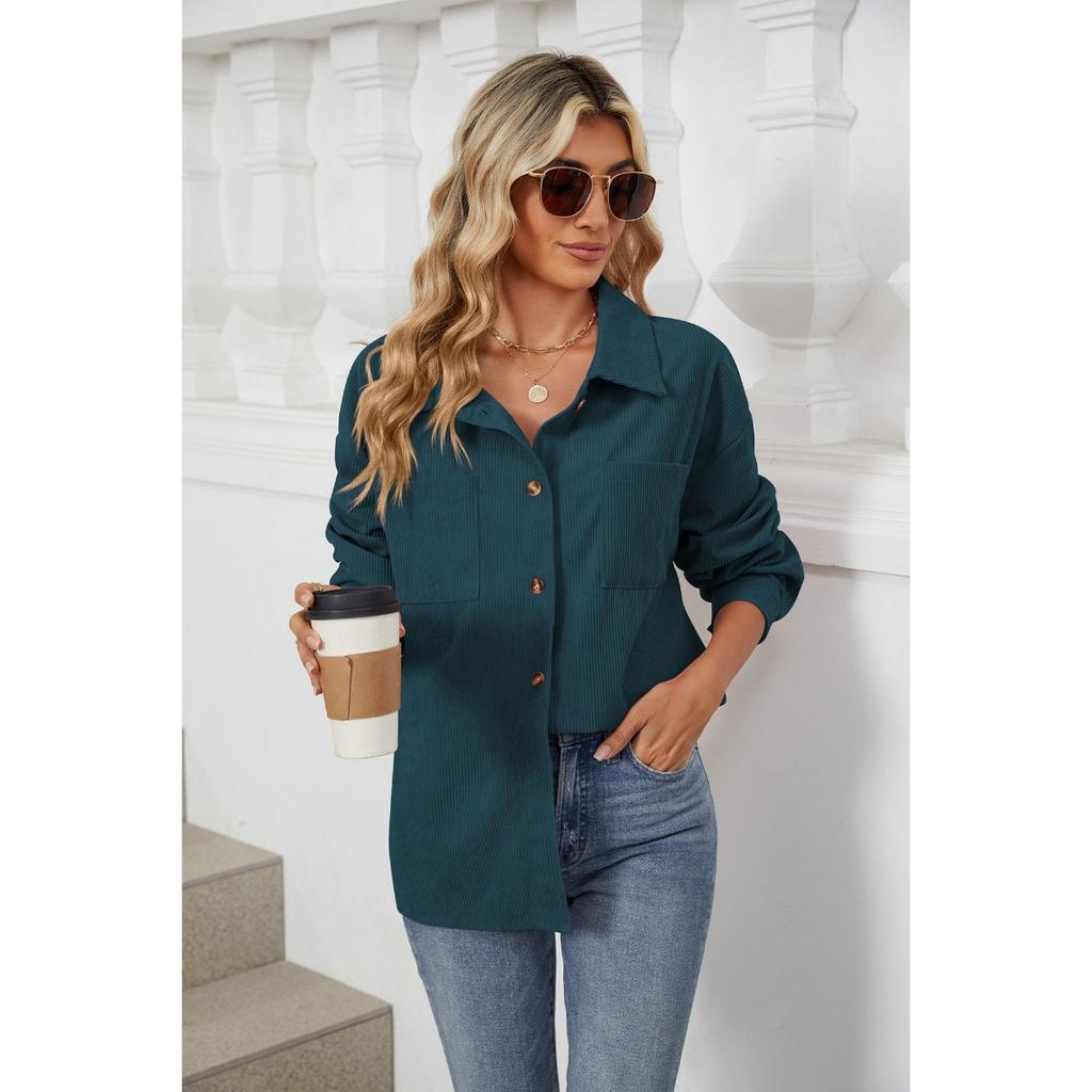 Fall Winter New Corduroy Lapel Long Sleeve Loose Pocket Shirt Jacket For Amazon Europe America Cross-border Foreign Trade
