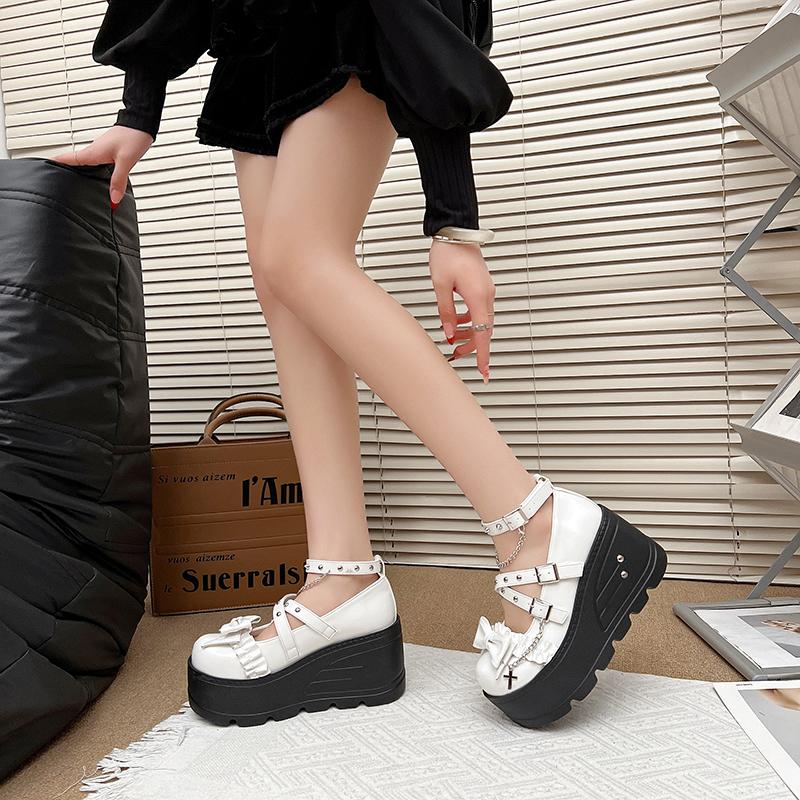 Fashion Original Punk Style Mary janes Round Head Thick Bottom Platform Shoes Female Y2K Rivet Wedges Heel Women Girls Leather Pumps