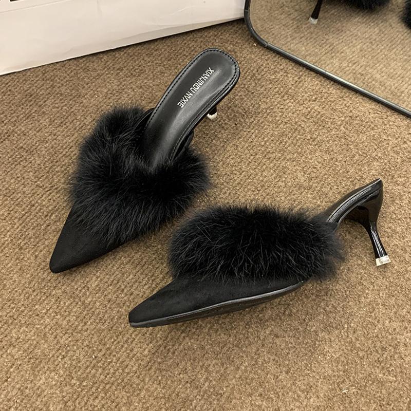 

Мех Женские Туфли на Высоком Каблуке Шлепанцы Острый Носок Слингбэк Мюли Обувь Сексуальные Лодочки 2025 Зима Дизайнерская Роскошная Обувь Ботильоны Женские 39 чёрный