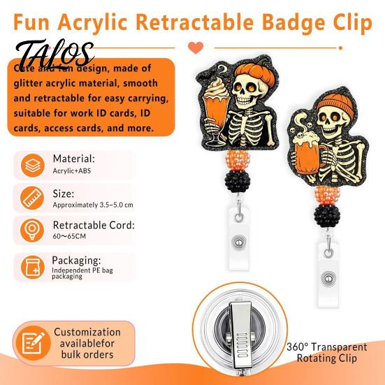 Personalized Badge Holder Halloween Retractable Reel, Skeleton And Pumpkin Design, Acrylic ID Card Office Id with Sturdy Metal Clip for Nurses