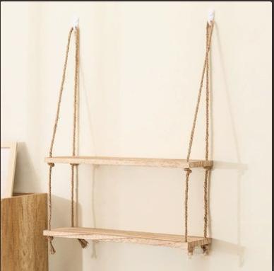 1PC Wooden Swing Hanging Hemp Rope Wall Shelve Mounted Floating Home Living Room Plant Flower Pot Tray Storage Garden Decoration