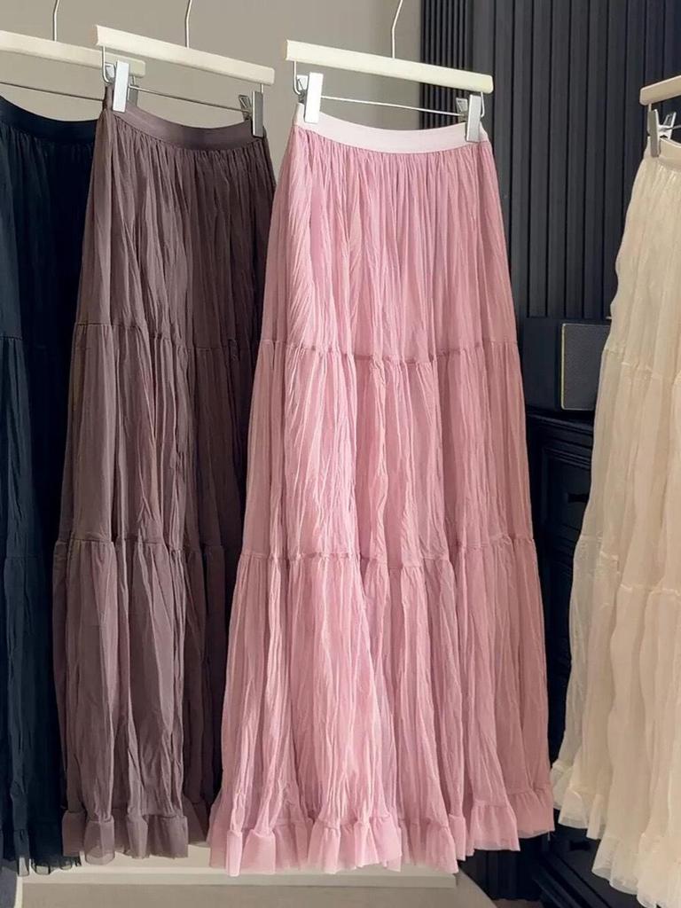 Spring 2026 Women's High-Waisted Ruffled Mesh A-Line Maxi Skirt - Gentle & Slimming