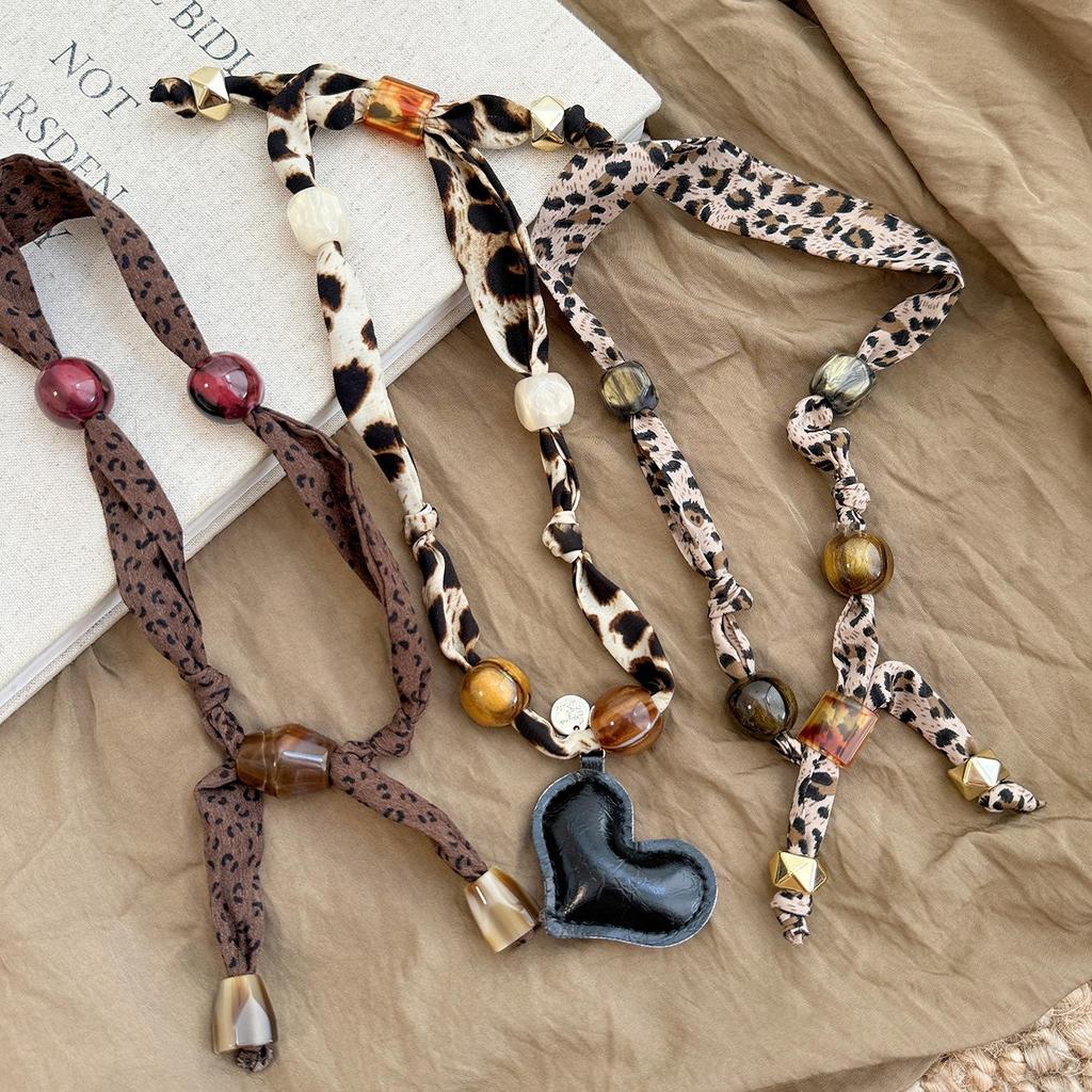 Leopard Print Beaded Silk Scarf Necklace with Cashew Flower and Wood Beads, Retro Style, Long Pull-Out Sweater Chain.