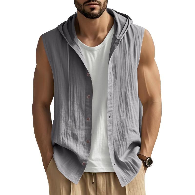 Gilet casual da uomo senza maniche con cappuccio in misto lino multicolore per l'estate