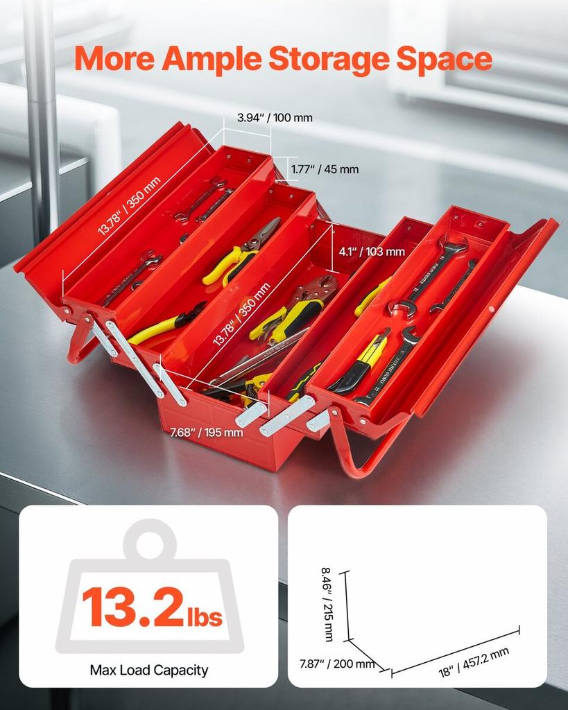 Tool Box 18-inch 3-Tier 5-Tray Folding Cantilever Toolbox with Handle