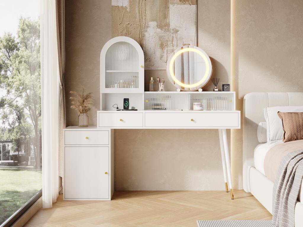 Sminkebord med LED-spejl, type-C & USB-port og 2 stikkontakter, fleksibelt L-formet design med glasplade, hvid. 140 (justerbar) *40 *140 cm