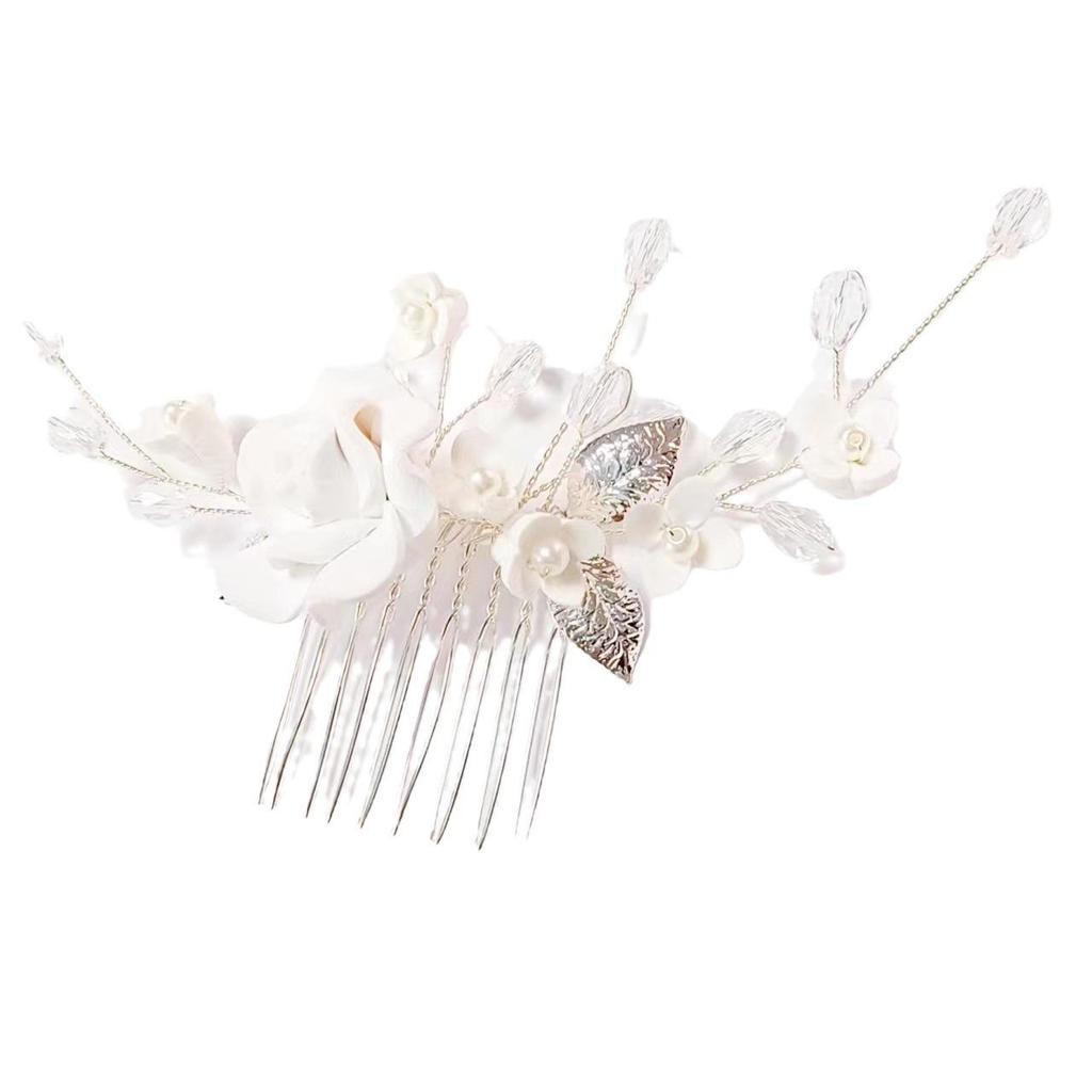 Handmade White Pearl Rose & Rhinestone Hair Comb & Ceramic Flower Vase Bridal Set