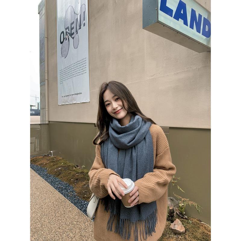 Solid Color Wool Scarf for Women Autumn and Winter Tassel Air Conditioned Room Shawl Green Red Winter Men's Cashmere Scarf