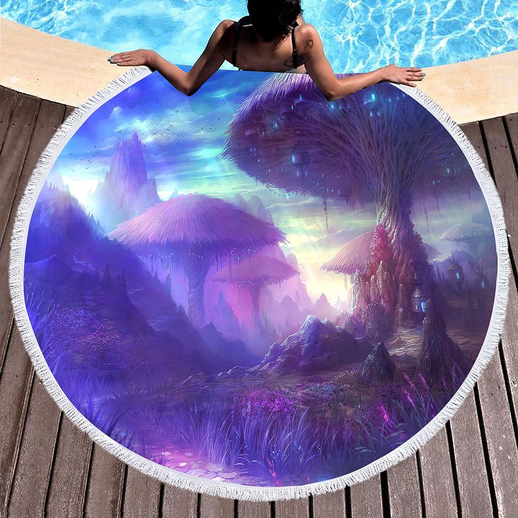 Purple Dreamy Scenery Print Round Beach Towel,Polyester Sand Resistant Beach Blanket,Absorbent Quick Dry Pool Towel Picnic Mat