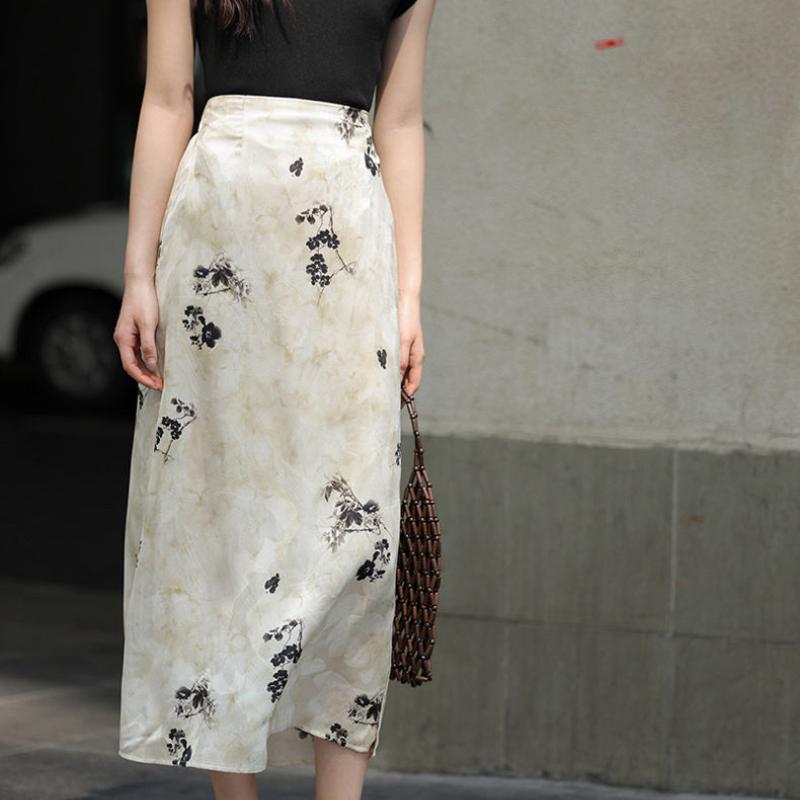 Women's Summer High-Waist Chinese Style Floral Print Midi Skirt - Flowy Drapey Long Skirt with Elegant Aesthetic