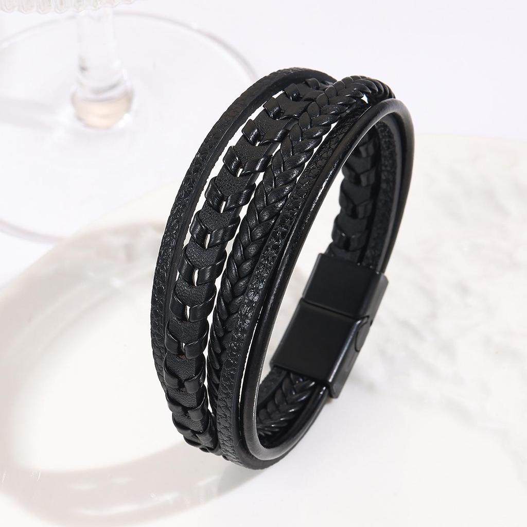 Bracciale da uomo in pelle multistrato retrò con bracciale aperto in lega