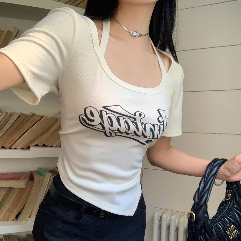 

Plus Size Halter Neck Shoulder T-Shirt for Women - Summer Slim Fit Short Sleeve Top 2XL [120-130 lbs]