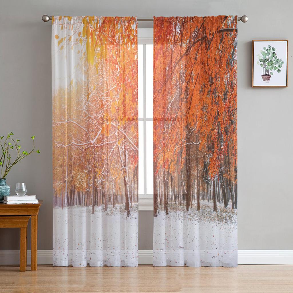 Color Butterfly Birch Forest Chiffon Sheer Curtains for Living Room Bedroom Home Decoration Window Voiles Tulle Curtain