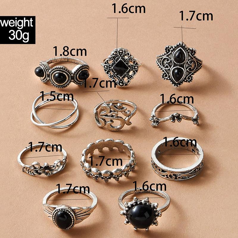 Fashion jewelry Vintage carved sun feather cross black gemstone ring multi-piece set set