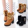 Plateau-Ankle-Boots mit Blockabsatz und Fellbesatz - Damen Samt Martin Stiefel für Herbst/Winter