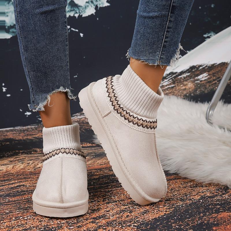 New Winter Platform Leather Knitted Warm Snow Boots Women's Platform Fleece Thickened Wool Mouth Cotton Boots