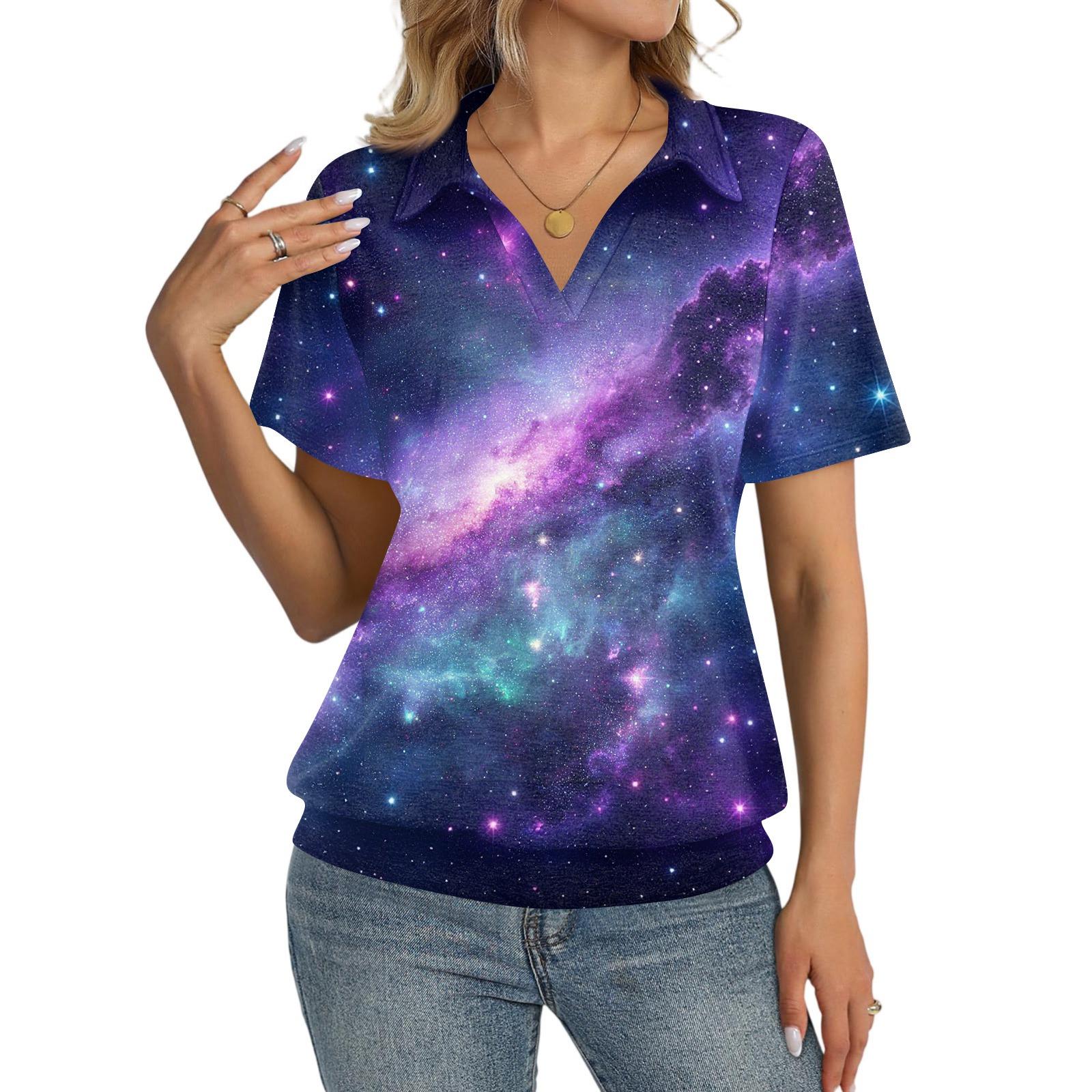 

Women s Fashion Casual Lapel Short Sleeve Printed Shirt Women s Up Tops XL фіолетовий