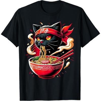 OPWHZVLR Cat Ramen Noodle Japanese Anime Manga Kawaii Cat T-Shirt
