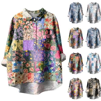 Women's Long Sleeve Shirt Button Retro Geometric Print Casual Hem Irregular Shirt Collar Top