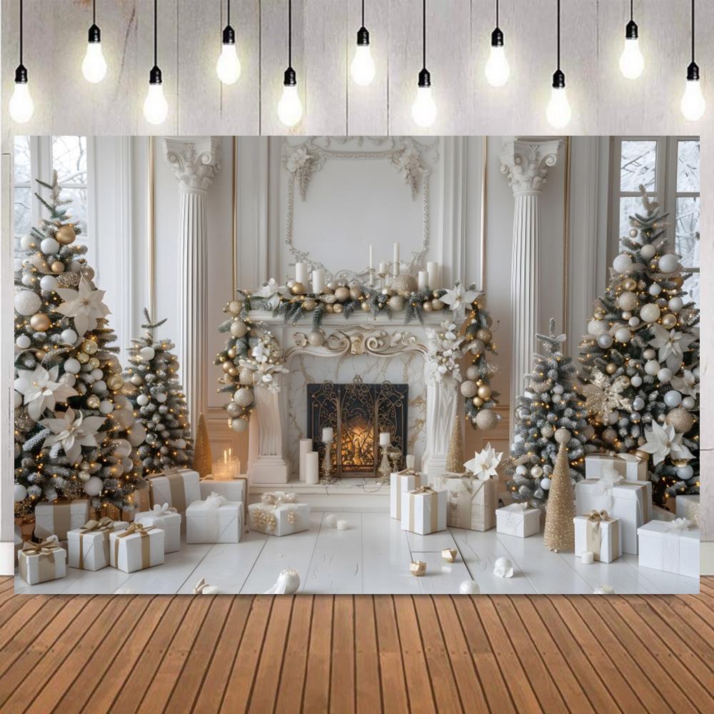 Christmas Photography Backdrop Snowflake Fireplace Xmas Tree Gifts Sparkling Stars Family Party Decor Banner Photo Backgrounds10