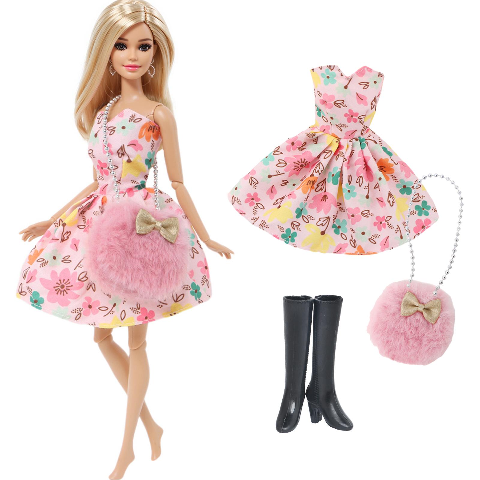 

3 шт./набор Модная одежда для куклы Барби 11,5 Платье для куклы-девочки с сумкой из мягкого меха, туфли на высоком каблуке, ботинки, детская игрушка для игры, подарок