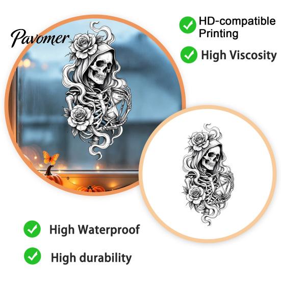 Waterproof PVC Window Decal Halloween Skeleton And Rose Static Clings, Removable Sketch Skull & Glass Sticker Flower Sticker, for Home Store