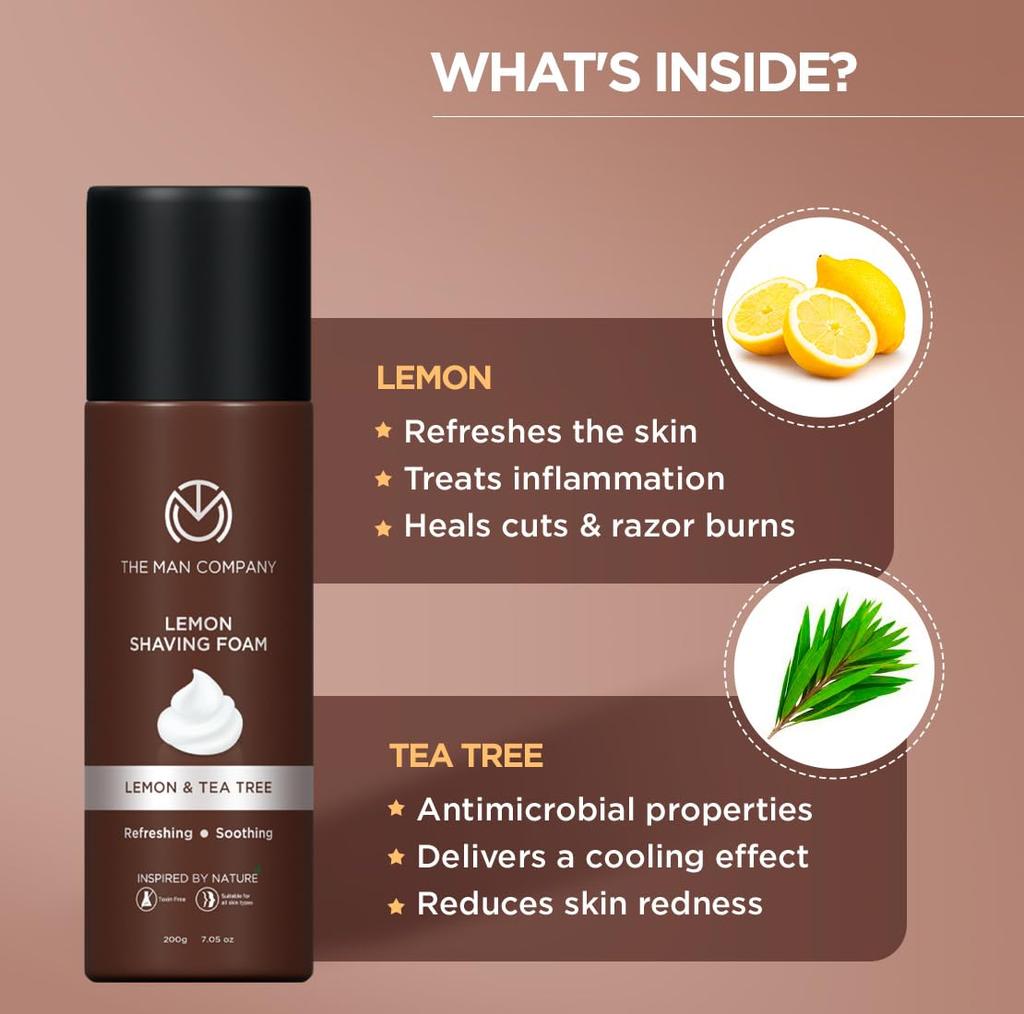 THE MAN COMPANY Spuma de ras pentru barbati cu aloe vera, lamaie si arbore de ceai, antiinflamator, hidrateaza pielea, previne taieturile si arsurile, 200g