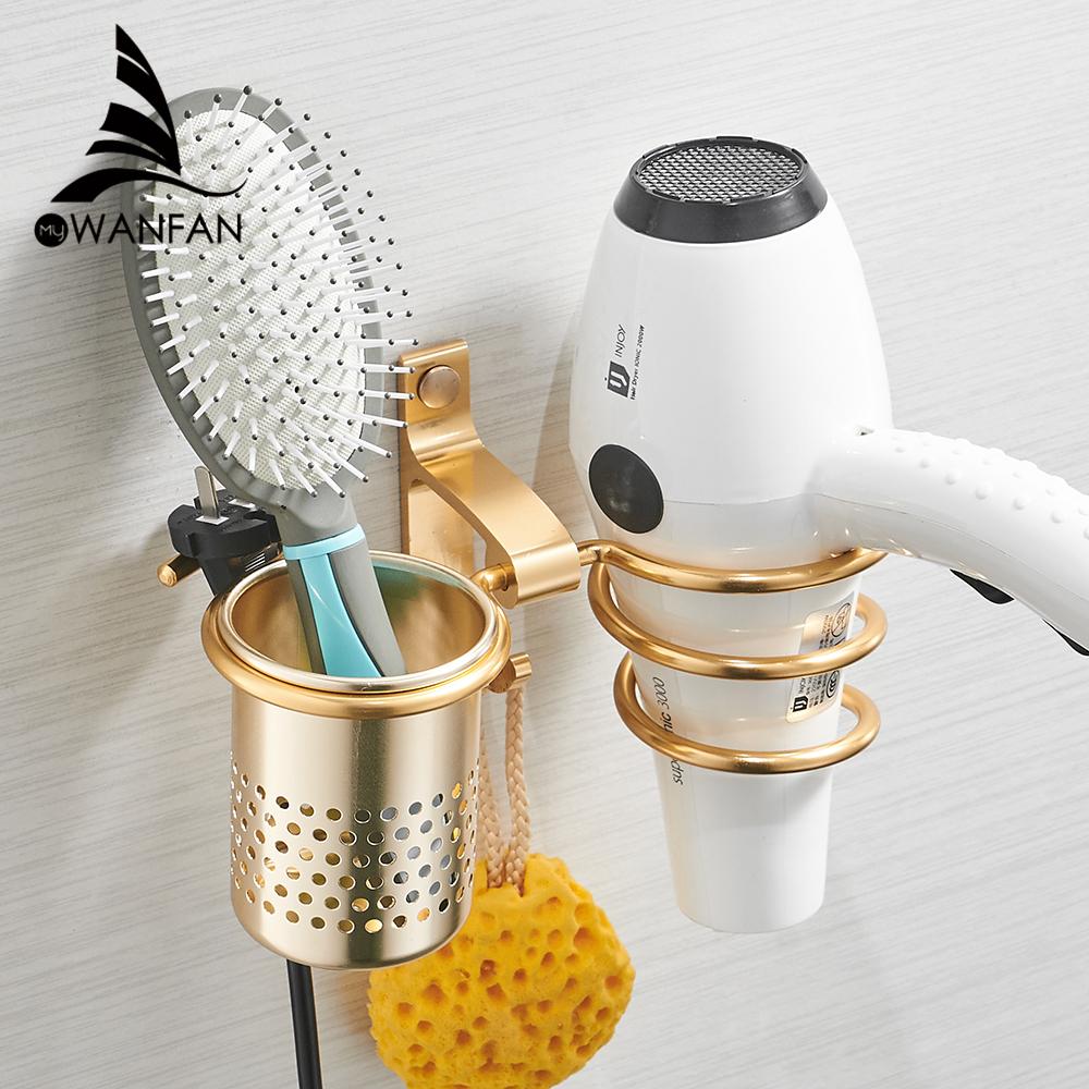 Hair Dryer Holder With Cup Households Rack Hair Blow Dryer Shelf Metal Wall Mount Bathroom Accessories Gold Hair Dryer Rack 9248