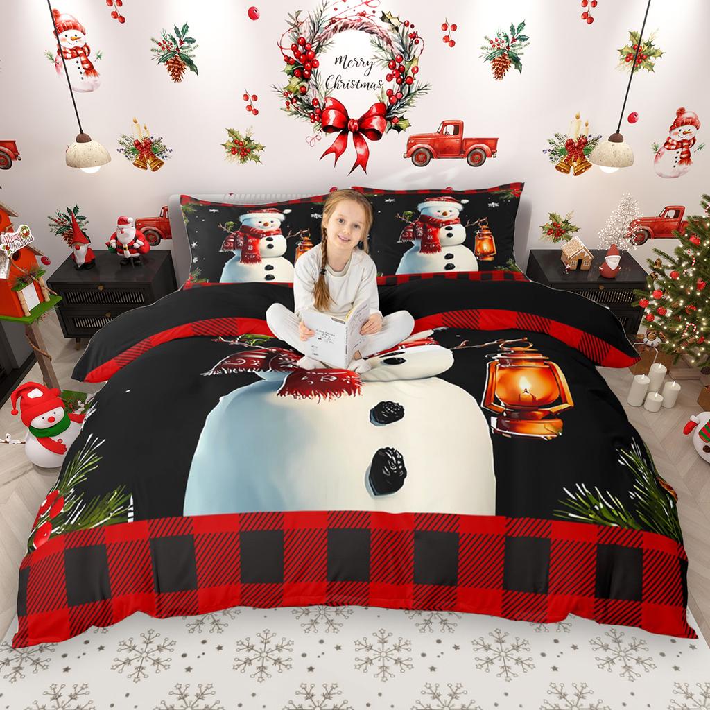 Homewish Kids Merry Christmas Duvet Cover Set 2pcs/3pcs, Gingerbread Xmas Tree Bedding Set, Cute Snowman Snowflake Quilt Cover