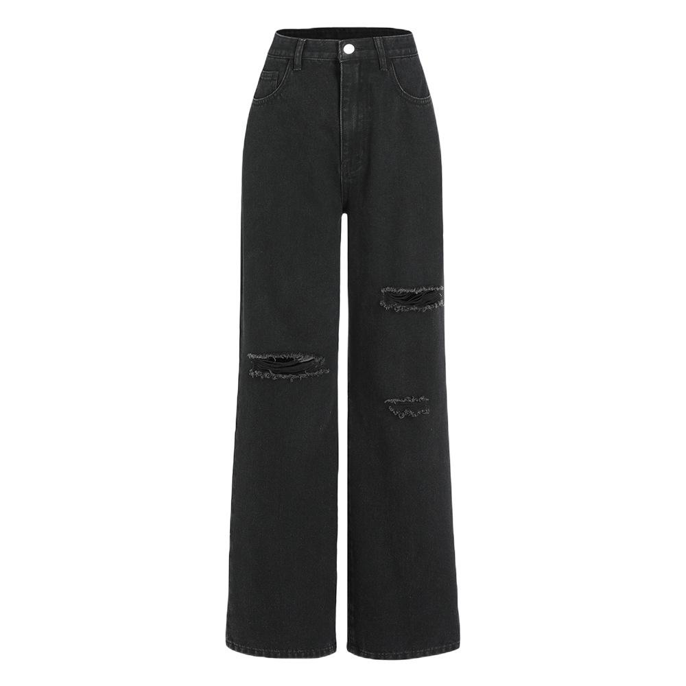 

Blue Ripped Straight-Leg Women s Jeans - Washed Denim Long Pants XS чёрный