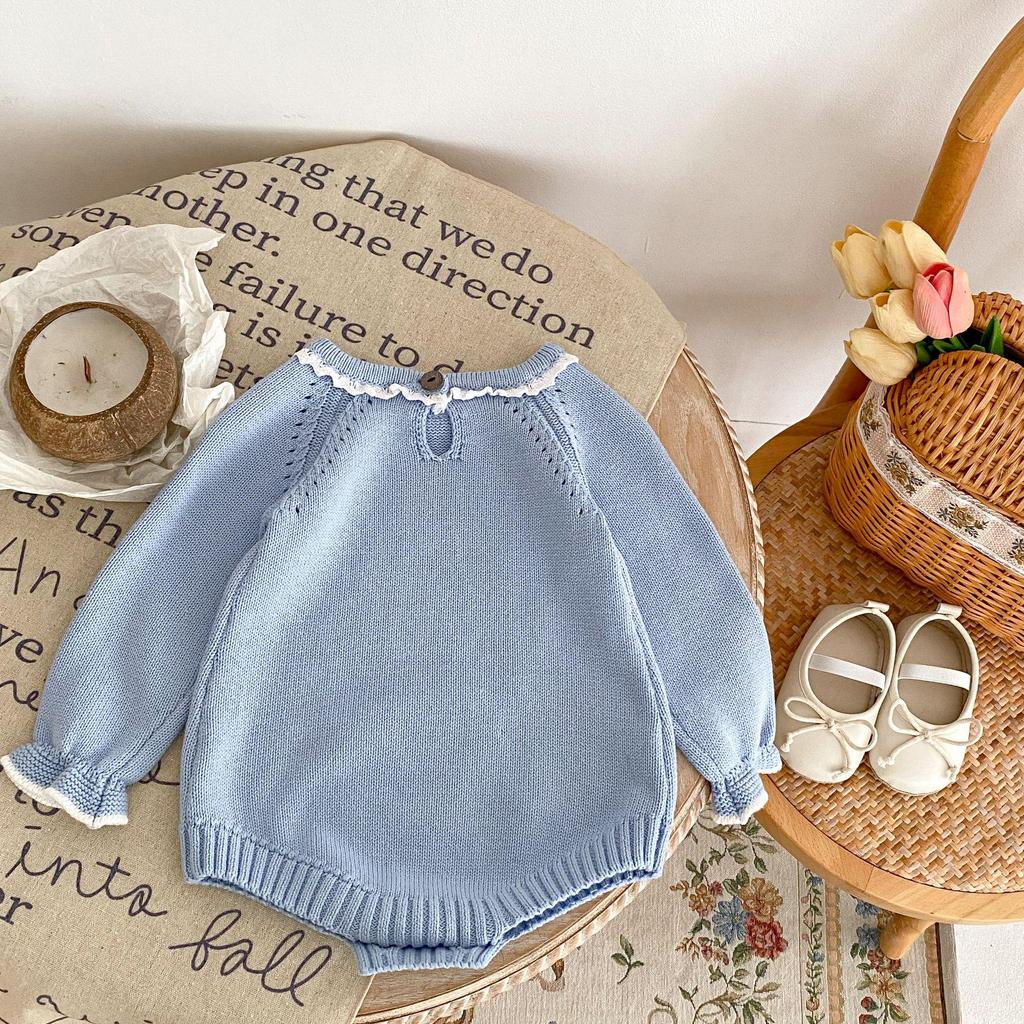 2025 Fall Infant Girl Cotton Lace Collar Long Sleeve Knitted Romper Bodysuit