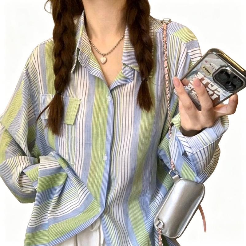 Colorful Striped Women's Shirt Turn Down Collar Chest Pocket Color Blocked Long Sleeved Blouse Korean Style Spring New Version Loose Casual Lady Top