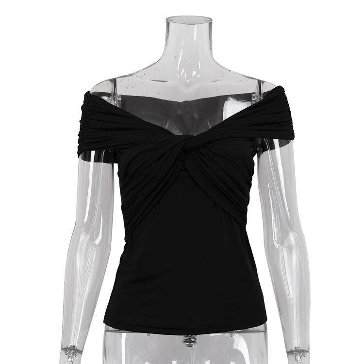 

Летняя мода, тонкие топы с открытыми плечами, женские однотонные рубашки без рукавов со складками, женские вечерние сексуальные тонкие футболки, повседневные уличные укороченные топы для женщин L чёрный