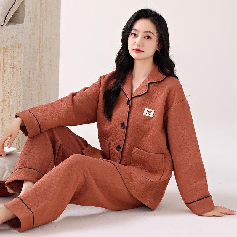 Pajamas Women'S Winter Thickened Pure Cotton Long-Sleeved Sandwich Air Cotton Autumn And Winter Loungewear Winter