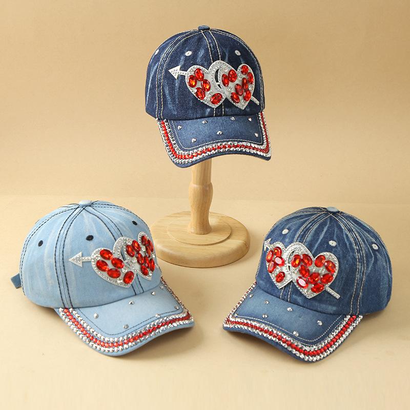 Shiny Rhinestone Cowboy Baseball Cap, Decorated With Glittering Crystal Stars / Heart-Shaped Embellishments. Adjustable Casual S