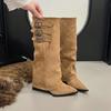 Western Cowboy Pointed Toe Boots Women Autumn Winter Retro Metal Buckle Decorated Suede Tall Skinny Knight Boots