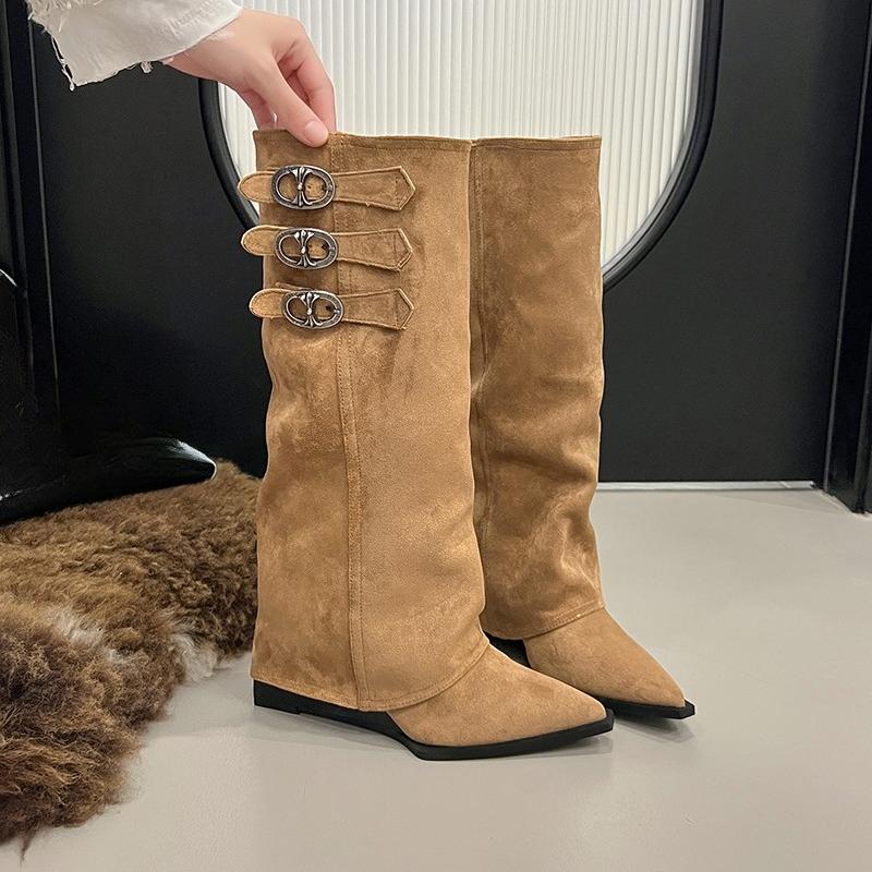 Western Cowboy Pointed Toe Boots Women Autumn Winter Retro Metal Buckle Decorated Suede Tall Skinny Knight Boots