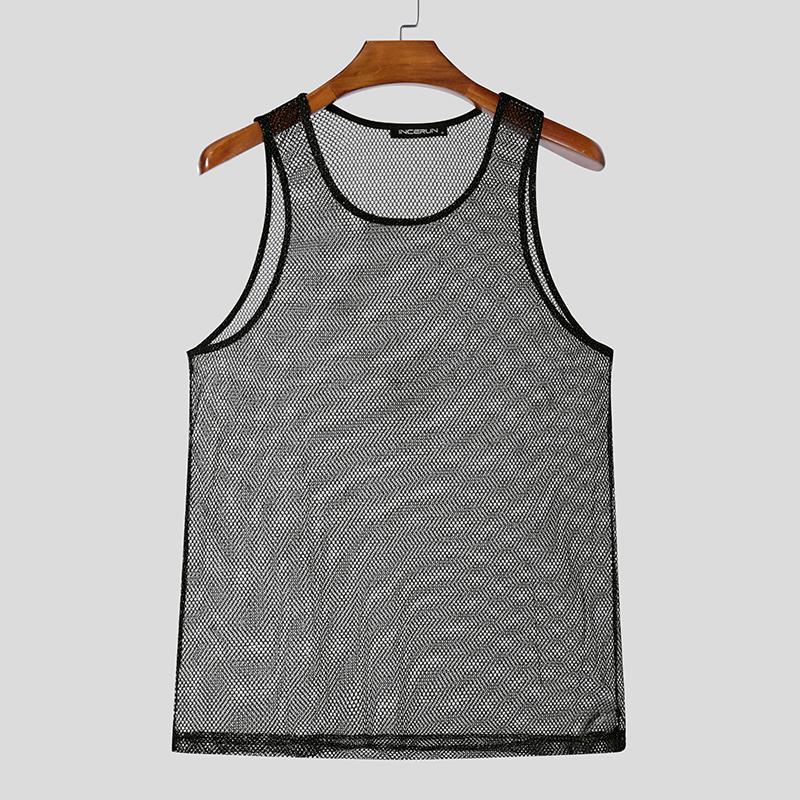 

INCERUN Мужские блестящие сетчатые прозрачные майки без рукавов Летний прозрачный жилет XL чёрный