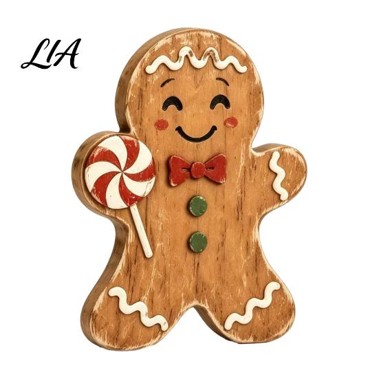 Durable Solid Wood Ornaments Christmas Wooden Gingerbread Man Decor, Rustic Gingerbread, Candy Cane House Figurines, Xmas Tabletop for Mantel
