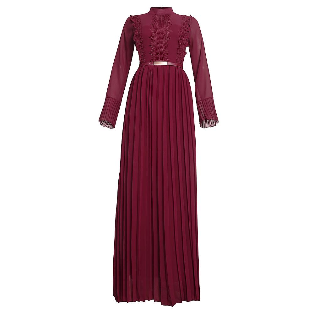 

Платье из шифона с длинным рукавом и плиссированной юбкой для мусульманок, с поясом XL малиновый