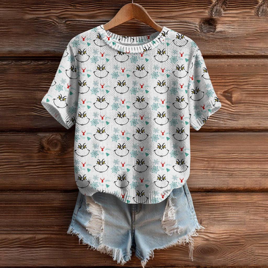 Women's Cute Sweater Knitted Fashion Casual Round-neck Short-sleeved  Cozy Print Top