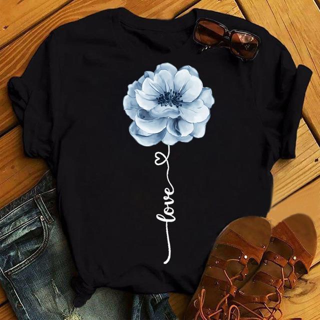 New Fashion Women Black T Shirt Friends Gift Flower Love Print Cute Tee Shirt Female Harajuku Tops Woman Short Sleeve T -Shirts