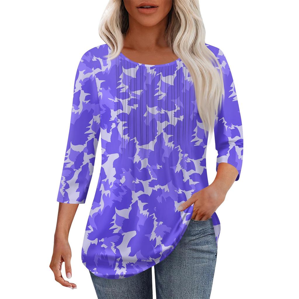 Women's Fashionable Casual Pleated Round Neck Casual Floral Print Seven Quarter Sleeved T-shirt Top