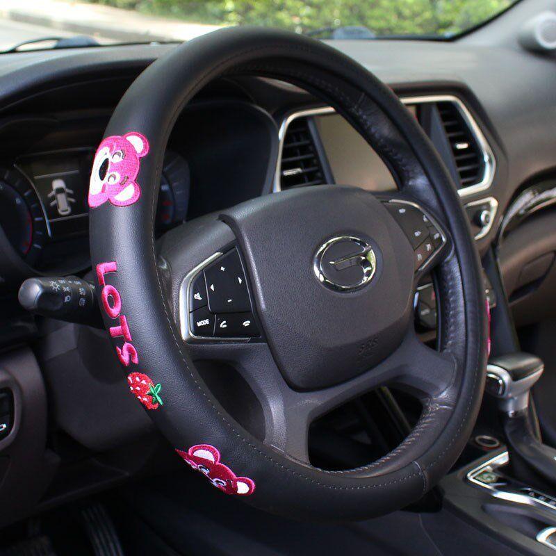 

Wheel Cover Cute L Strawberry Bear Non-Slip Sweat-Absorbent Breathable Wear-Resistant Handlebar Cover Universal for All Seasons Embroidered for Men Berry Red Bear-Black Leather-Round