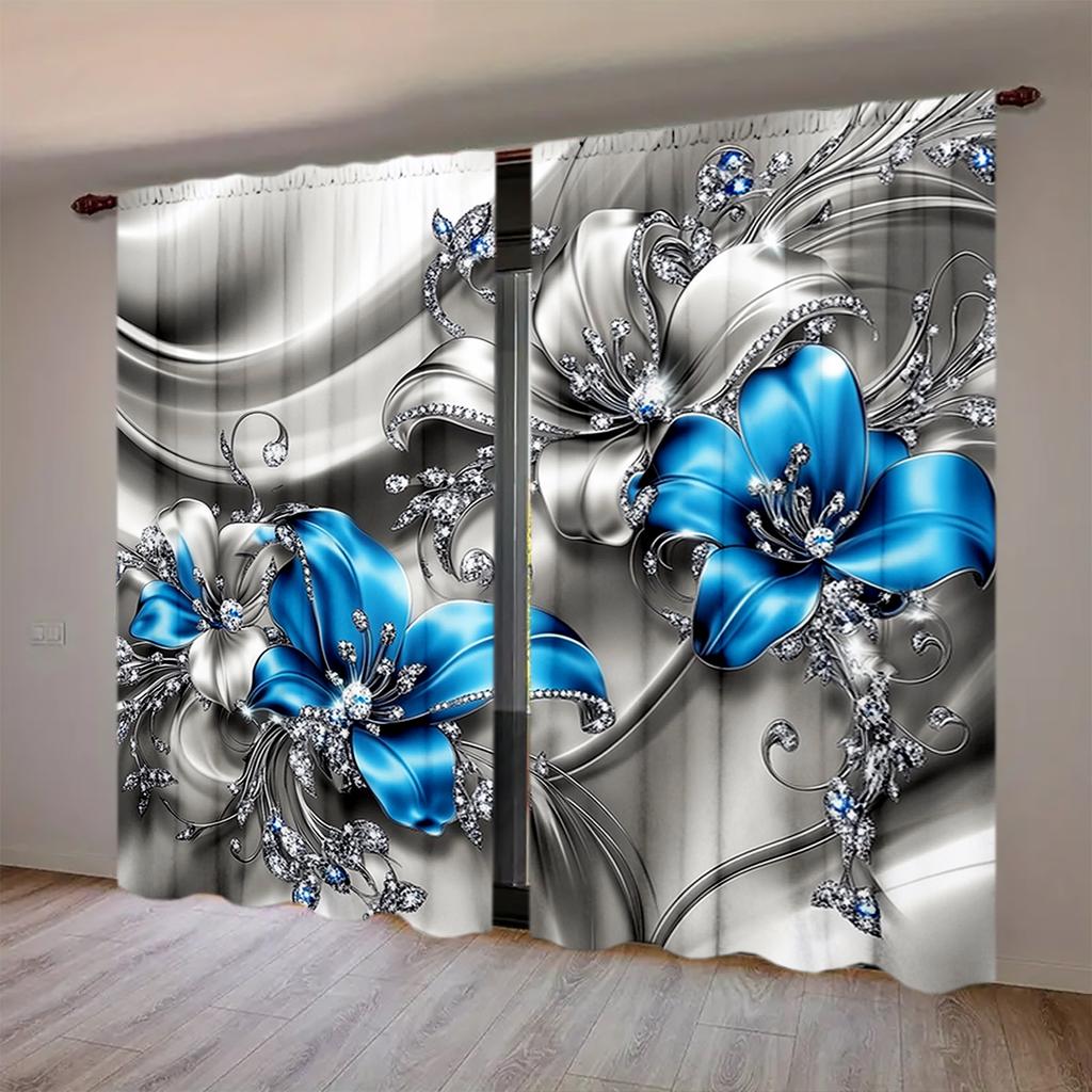 2pcs 3D Gorgeous Blue Jewelry Flower Printed Curtain for Home Decor - Rod Pocket Window Treatment for Bedroom, Office, Kitchen,
