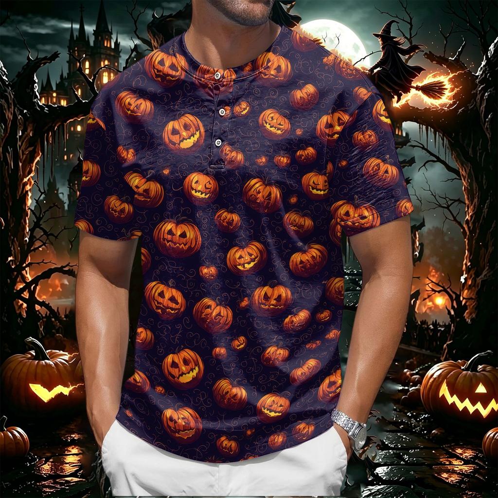 Men's Halloween Print Short Sleeve Henley Shirt Casual Round Neck Tee with Button Detail Suitable for Seasonal Wear
