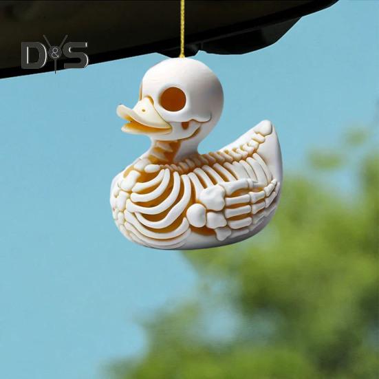 Skeleton Duck Car Mirror Hanging Ornament Cute Cat Charm Keychain Pendant Acrylic Rearview Mirror Accessories for Women Girls Halloween Decoration