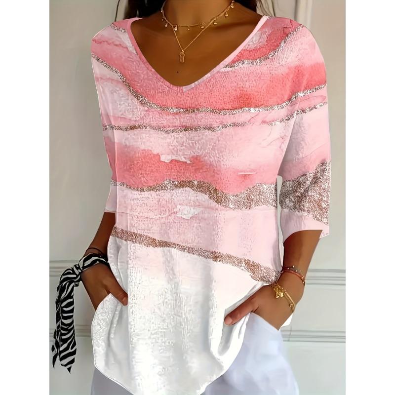 Simple printed top Spring and Autumn V-neck long sleeved T-shirt Straight tube casual daily versatile women s clothing S
