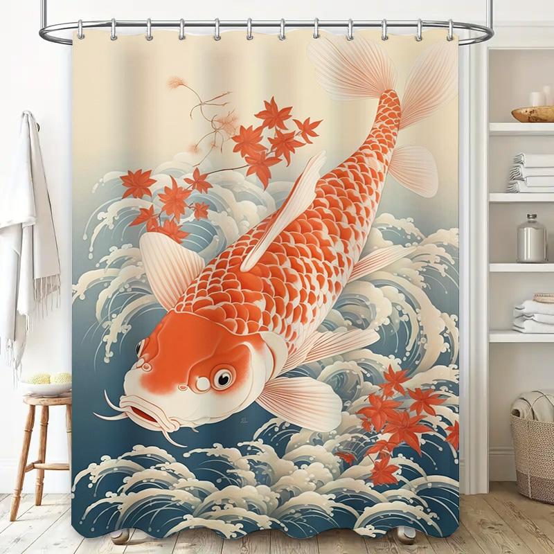 Red Fish Floral Bath Curtains Water Wave Decor Shower Curtain Set for Bathroom Decoration Home Decor (52x72 inch)