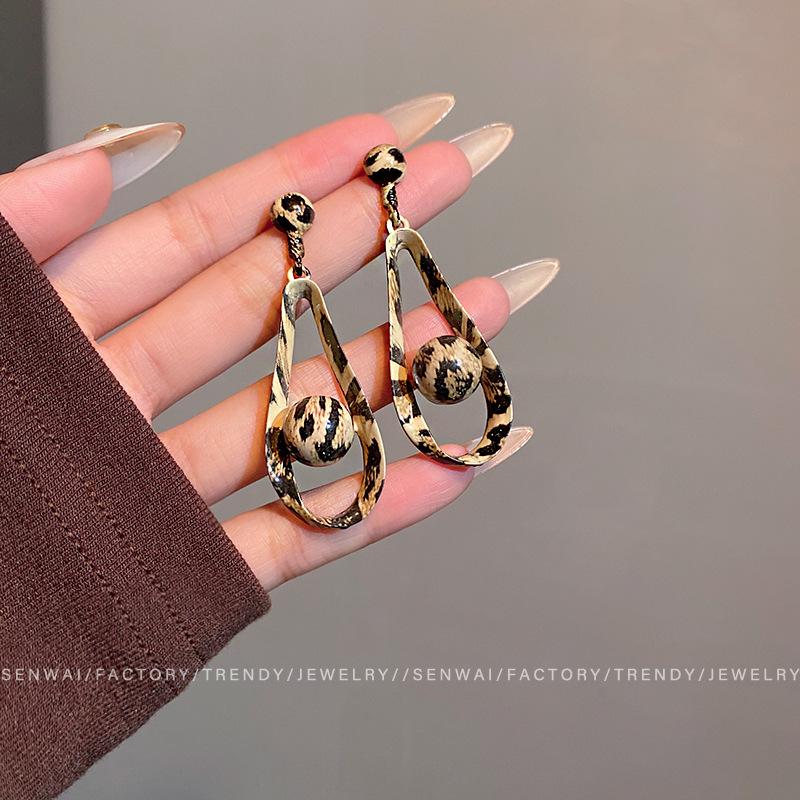 Exaggerated leopard print water drop earrings women's unique long large earrings retro earrings